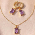 Amethyst Jewellery Set | Purple Baguette Necklace & Earrings | 18K Gold Plated Crystal Pendant | Minimalist Gold Jewellery | Matching Gift