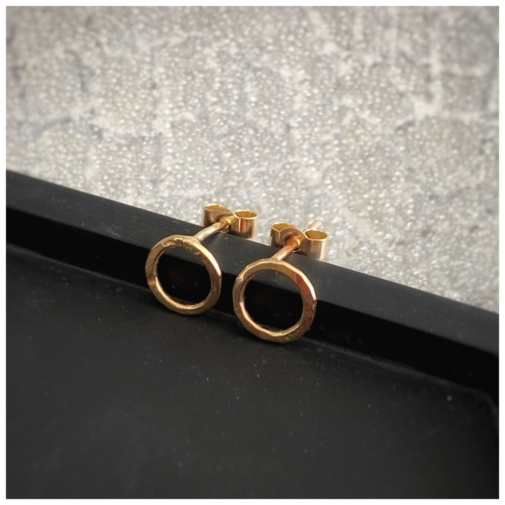 Tiny 9Ct Solid Recycled Yellow Gold Hammered Circle Stud Earrings: Geometric Handmade Jewellery