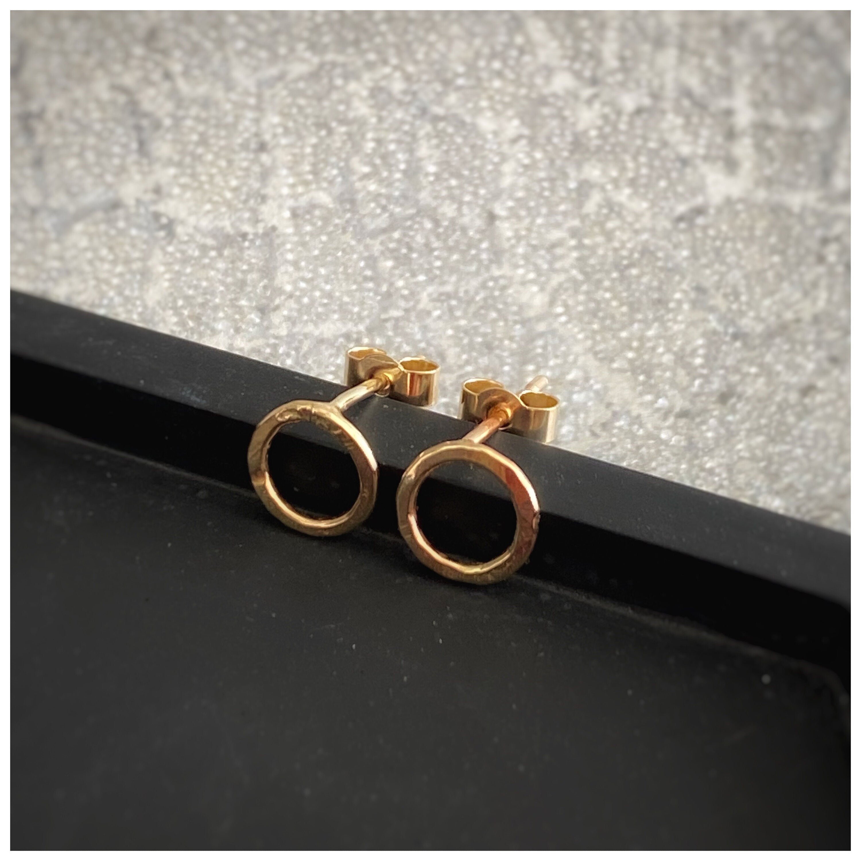 Tiny 9Ct Solid Recycled Yellow Gold Hammered Circle Stud Earrings: Geometric Handmade Jewellery