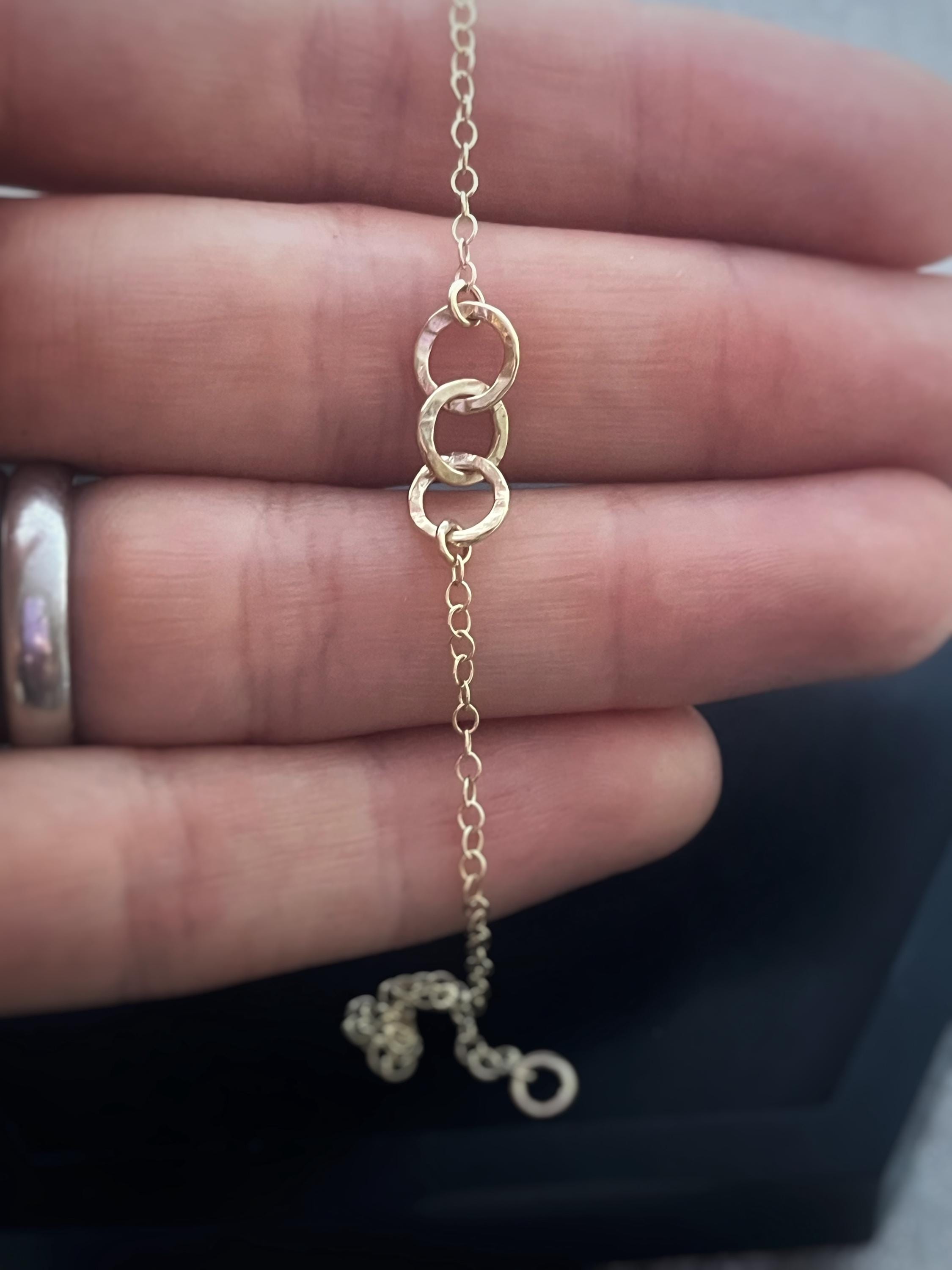 Hammered Solid Recycled Gold 3 Tiny Circle Hoop Bracelet: Delicate Interlocking Chain